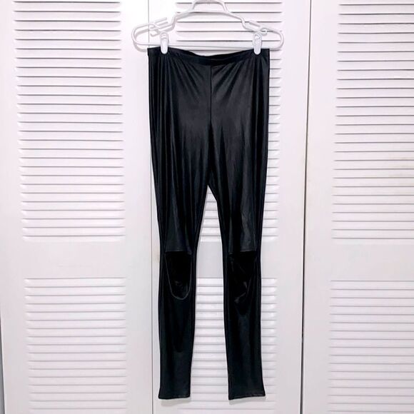 Shiny Spandex Pleather Vegan Leather Leggings Pants with Knee Slits - Picture 1 of 2